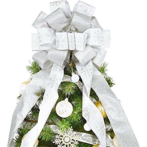40x13 Inches Toppers Bow with Glitter Satin Mesh Streamer and Patterned White - Picture 1 of 5